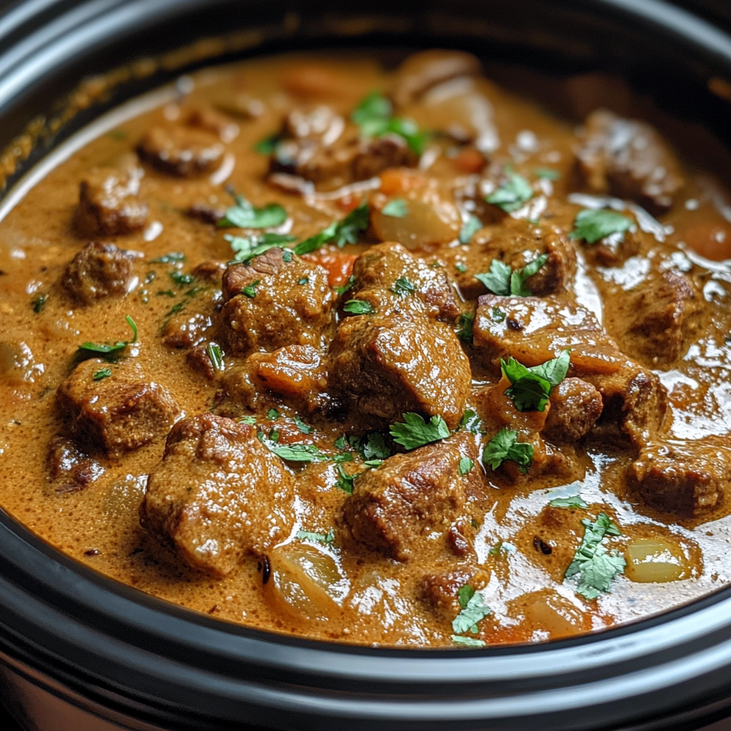 slow cooker with beef and coconut curry cooking