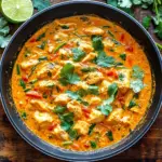 Thai chicken coconut curry in skillet with jasmine rice