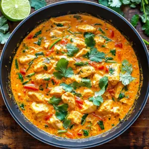 Thai chicken coconut curry in skillet with jasmine rice