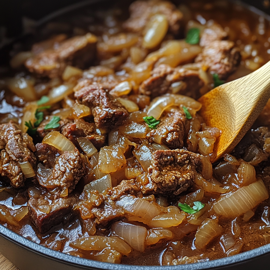 Onion and beef cooking for French onion pot roast