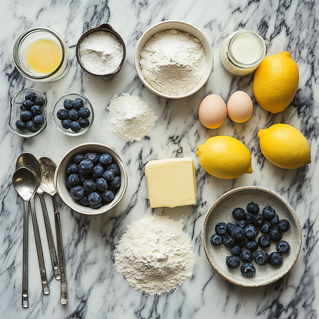 Ingredients for lemon blueberry loaf laid out on counter