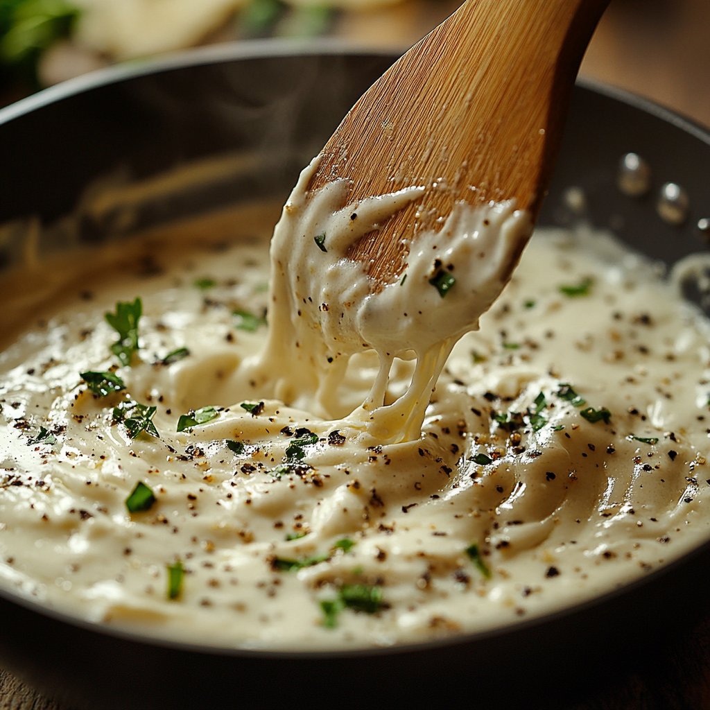 Creamy garlic sauce for white pizza simmering in a pan