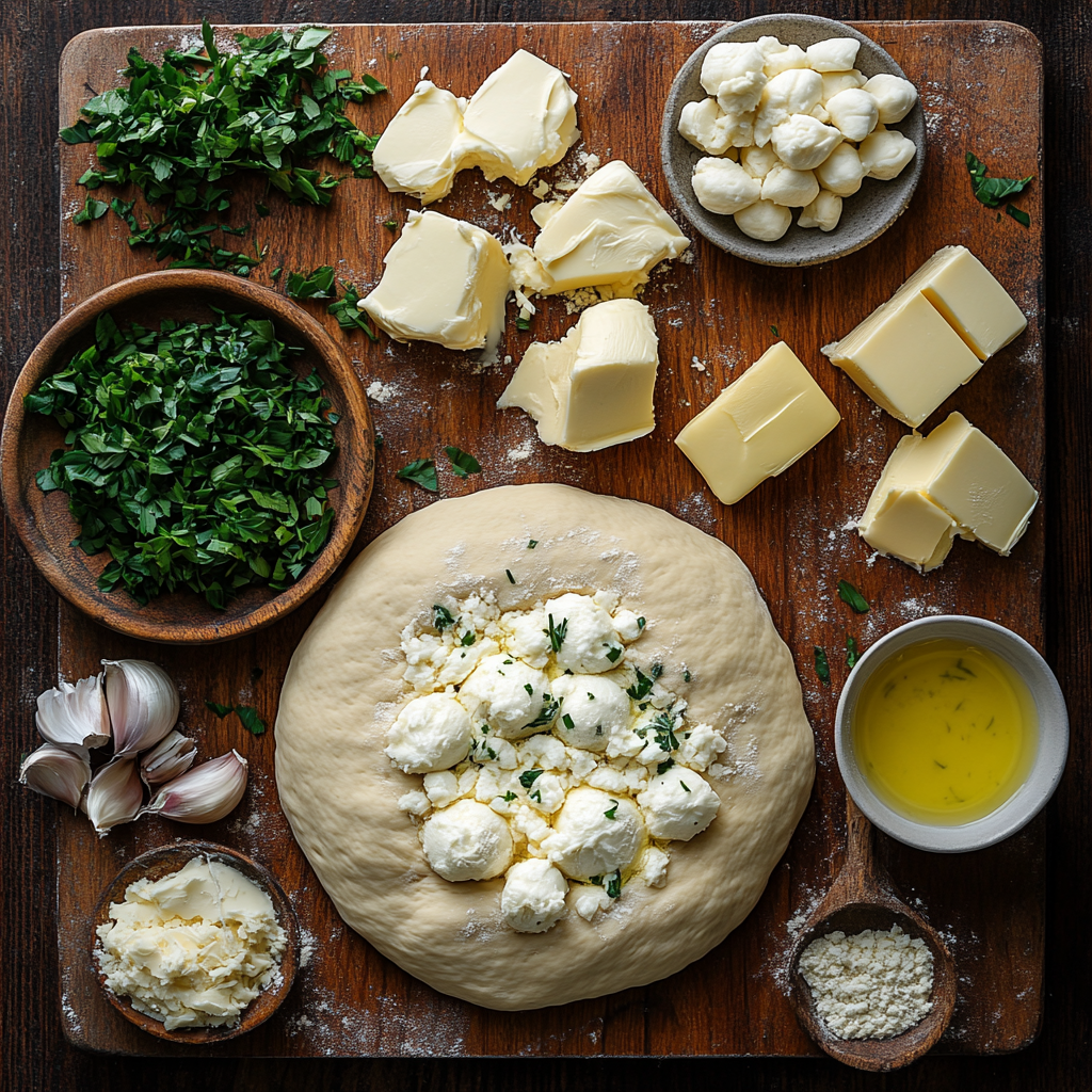 Ingredients for buttery garlic pizza including cheese and garlic