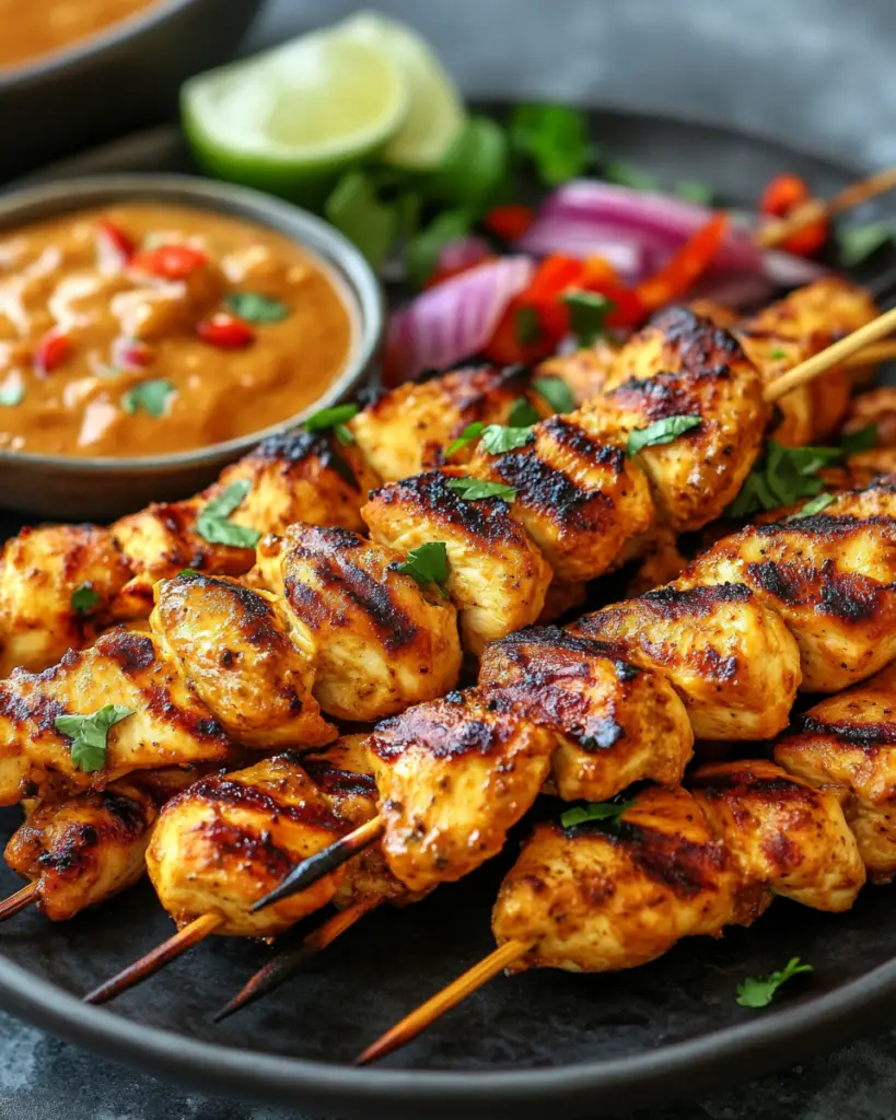 Chicken satay skewers cooking on grill pan
