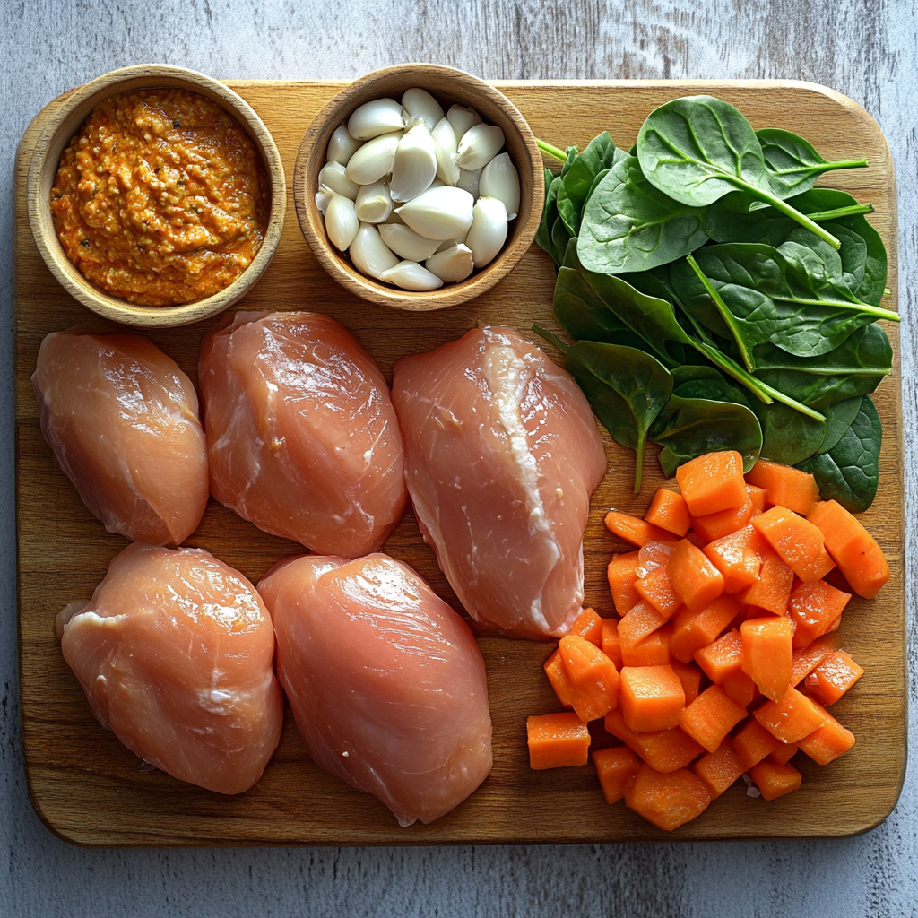Ingredients for Thai chicken coconut curry laid out on board