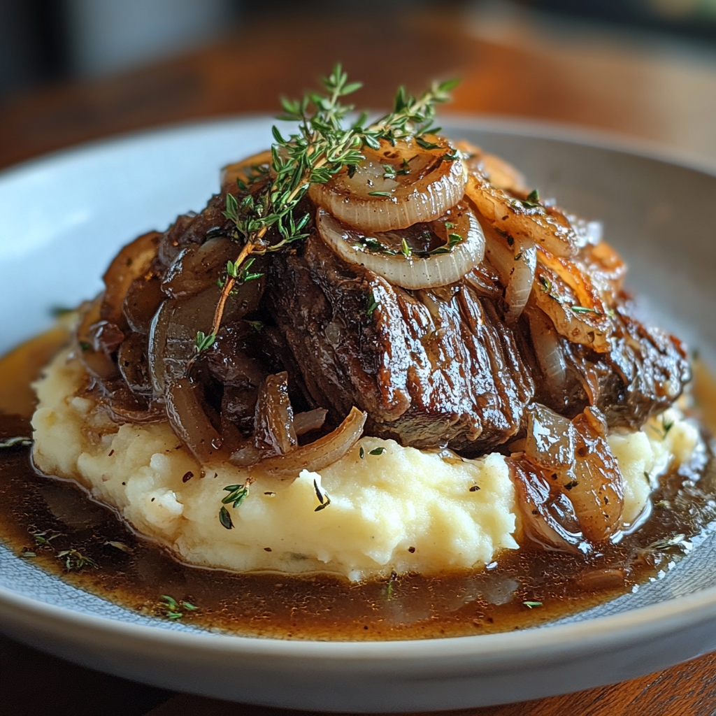 Savory French onion pot roast served with mashed potatoes