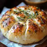 Easy roasted garlic rosemary artisan bread sliced on cutting board