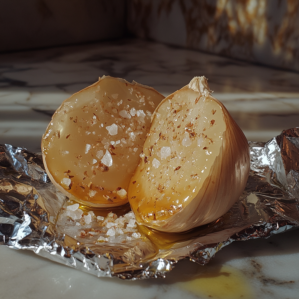 Garlic head drizzled with olive oil ready to roast