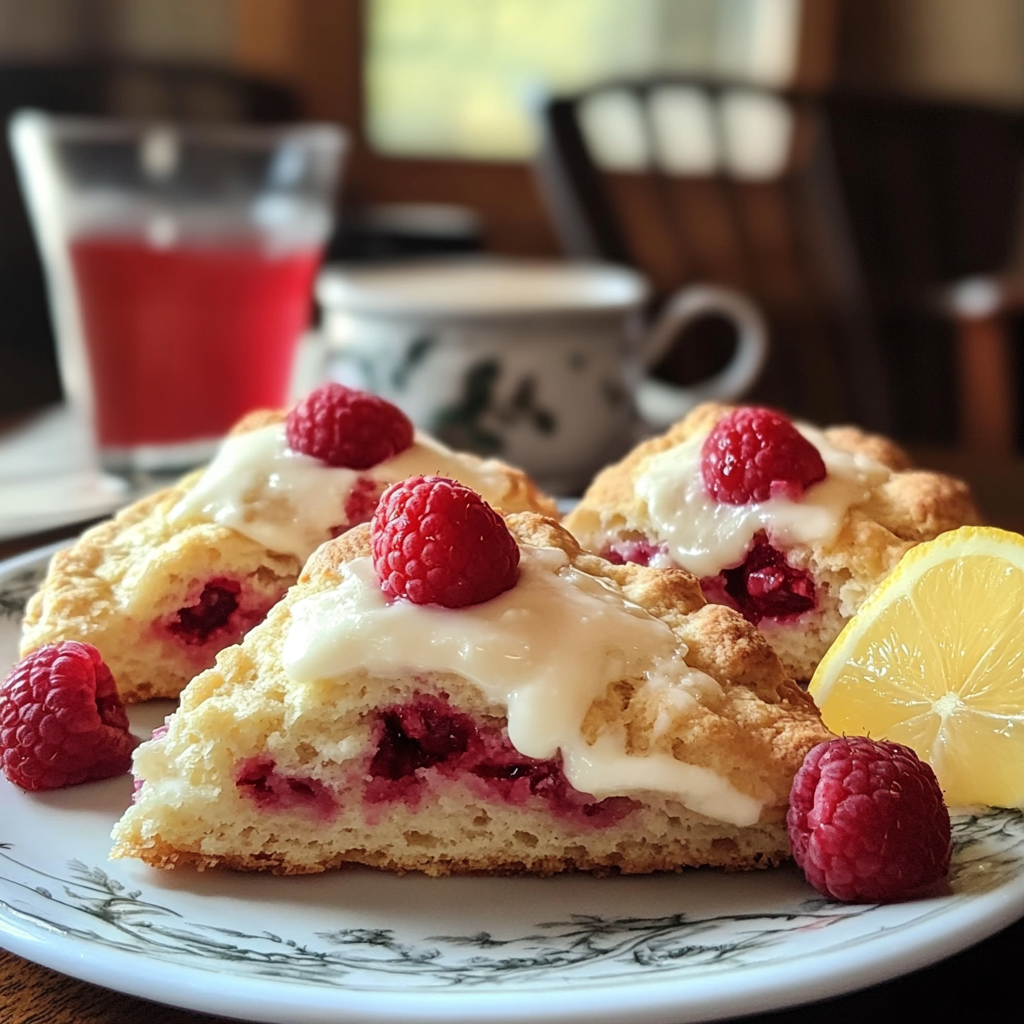Fresh lemon raspberry scones cooling on rack