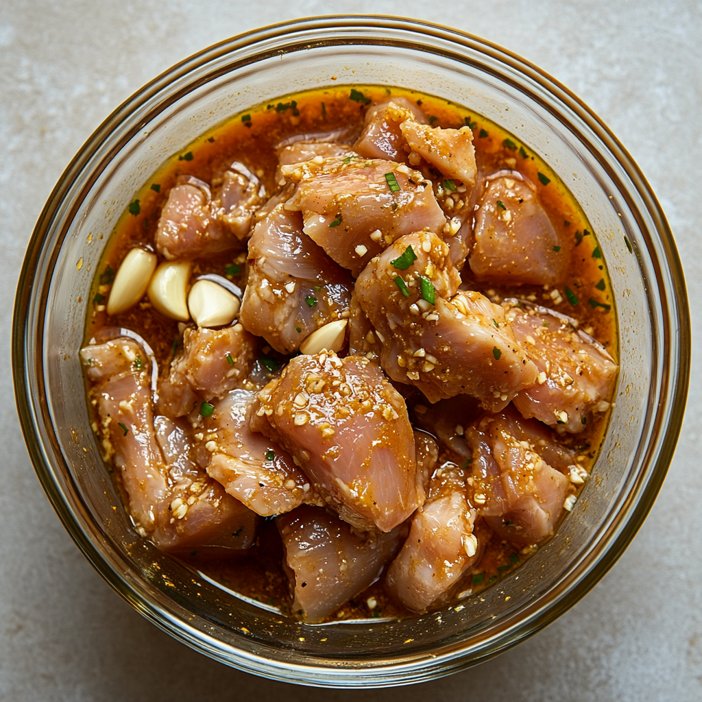 Chicken marinating for satay in spices and coconut milk