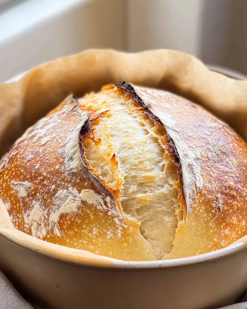 Freshly baked bakery-style sourdough bread loaf with golden crust on wooden board