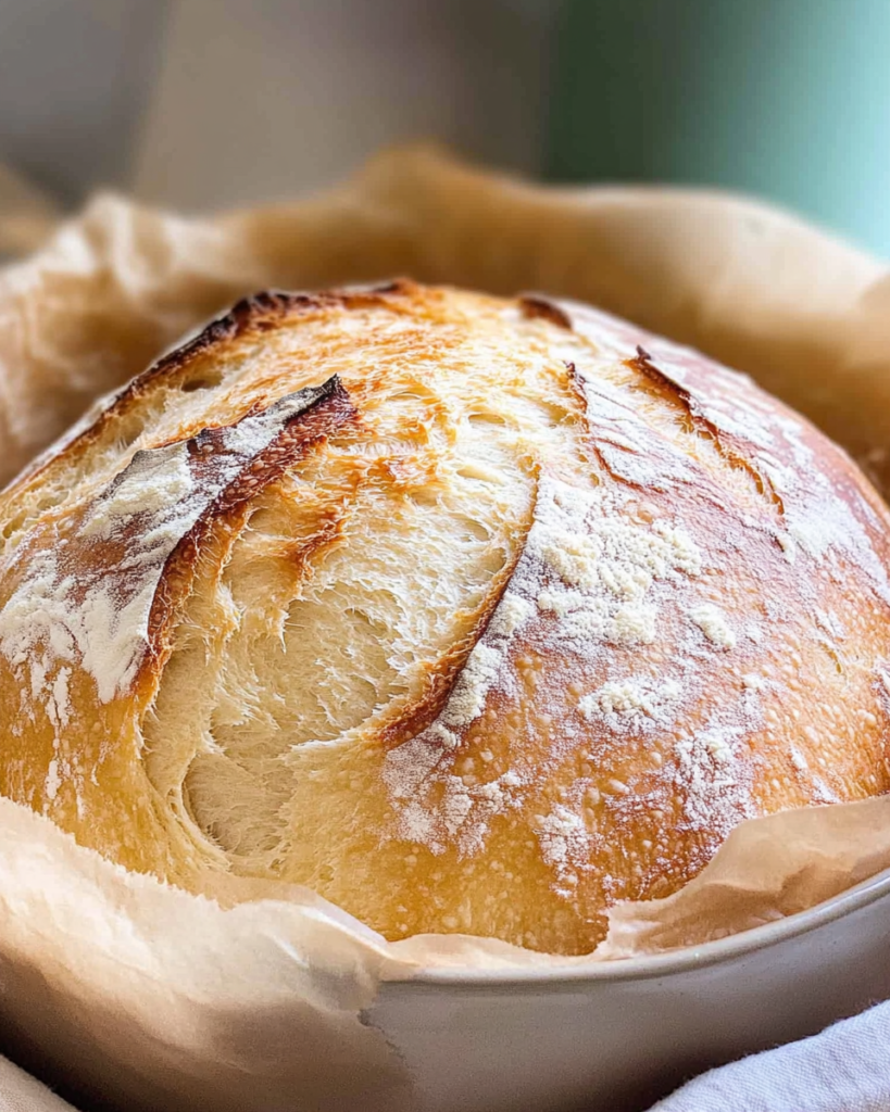 Freshly baked bakery-style sourdough bread loaf with golden crust on wooden board