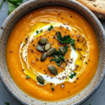 Cozy Creamy Pumpkin Soup with a Wholesome Twist: A Flavor Explosion for Beginner Cooks 8 Creamy pumpkin soup served in a rustic bowl with pumpkin seeds and herbs, perfect cozy fall recipe