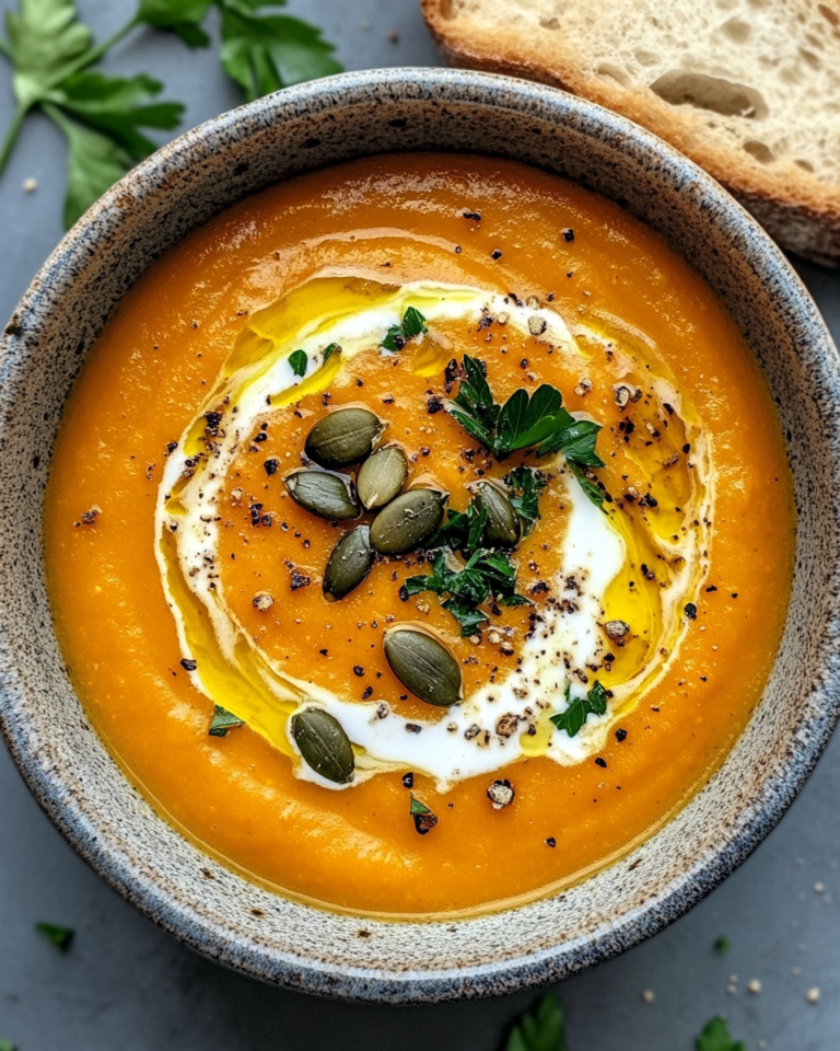 Creamy pumpkin soup served in a rustic bowl with pumpkin seeds and herbs, perfect cozy fall recipe