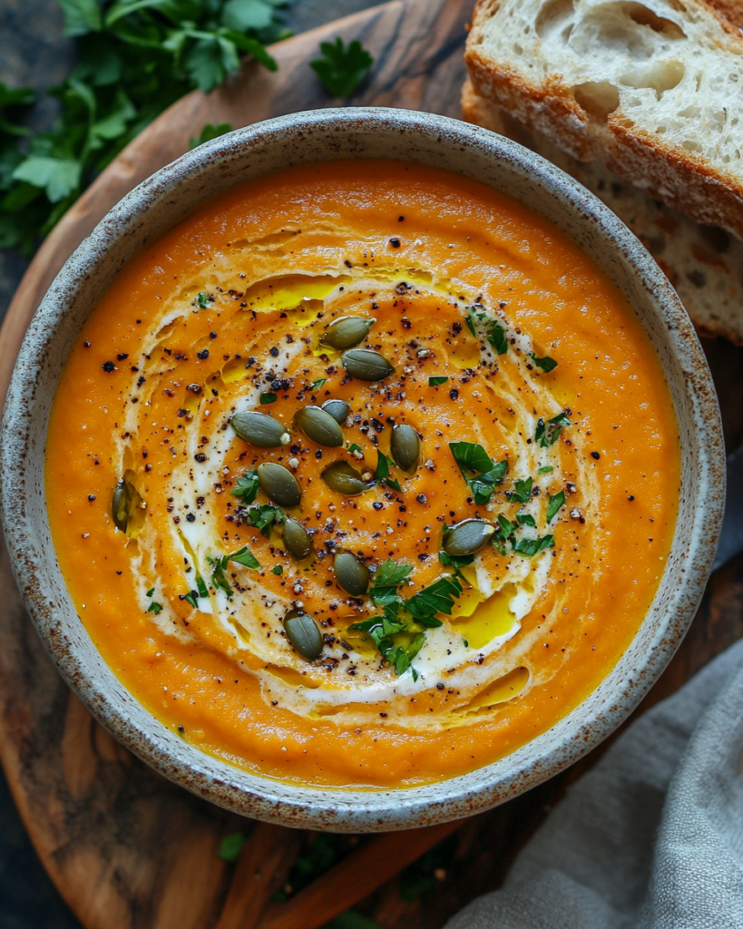 Creamy pumpkin soup served in a rustic bowl with pumpkin seeds and herbs, perfect cozy fall recipe