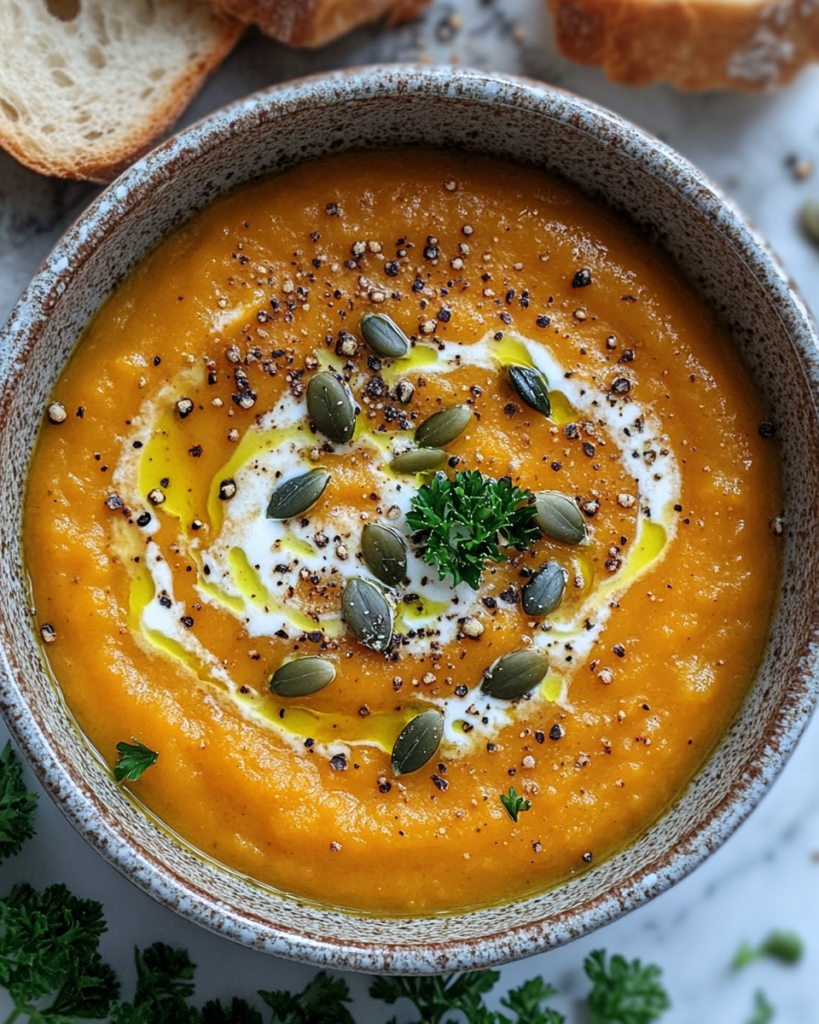 Creamy pumpkin soup served in a rustic bowl with pumpkin seeds and herbs, perfect cozy fall recipe