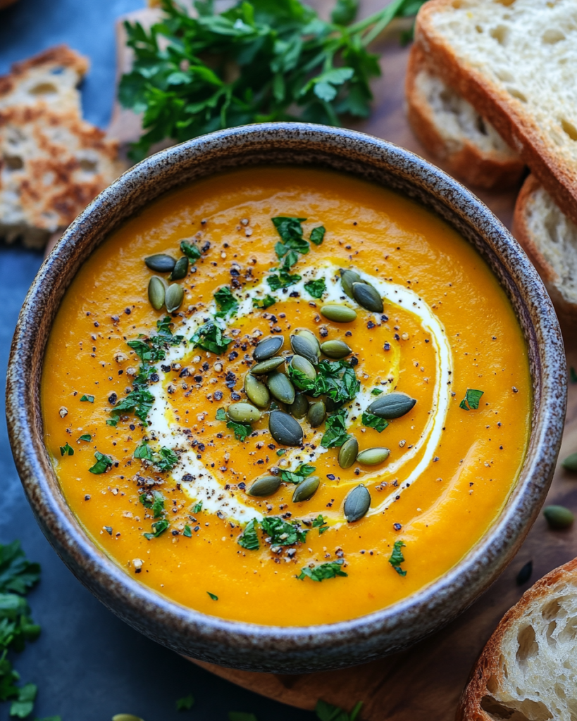 Creamy pumpkin soup served in a rustic bowl with pumpkin seeds and herbs, perfect cozy fall recipe