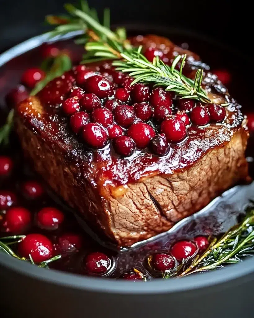 Cranberry glazed beef roast with rosemary and roasted root vegetables on a wooden board