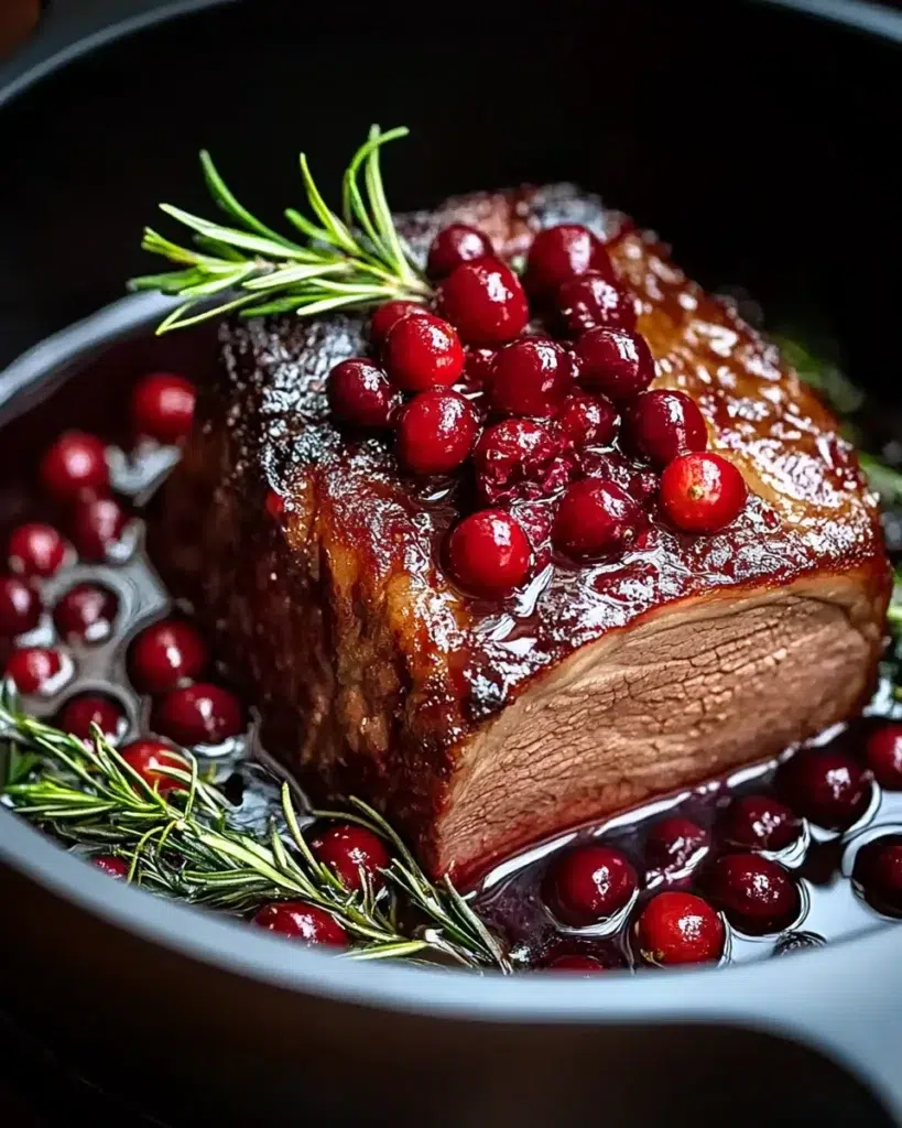Cranberry glazed beef roast with rosemary and roasted root vegetables on a wooden board