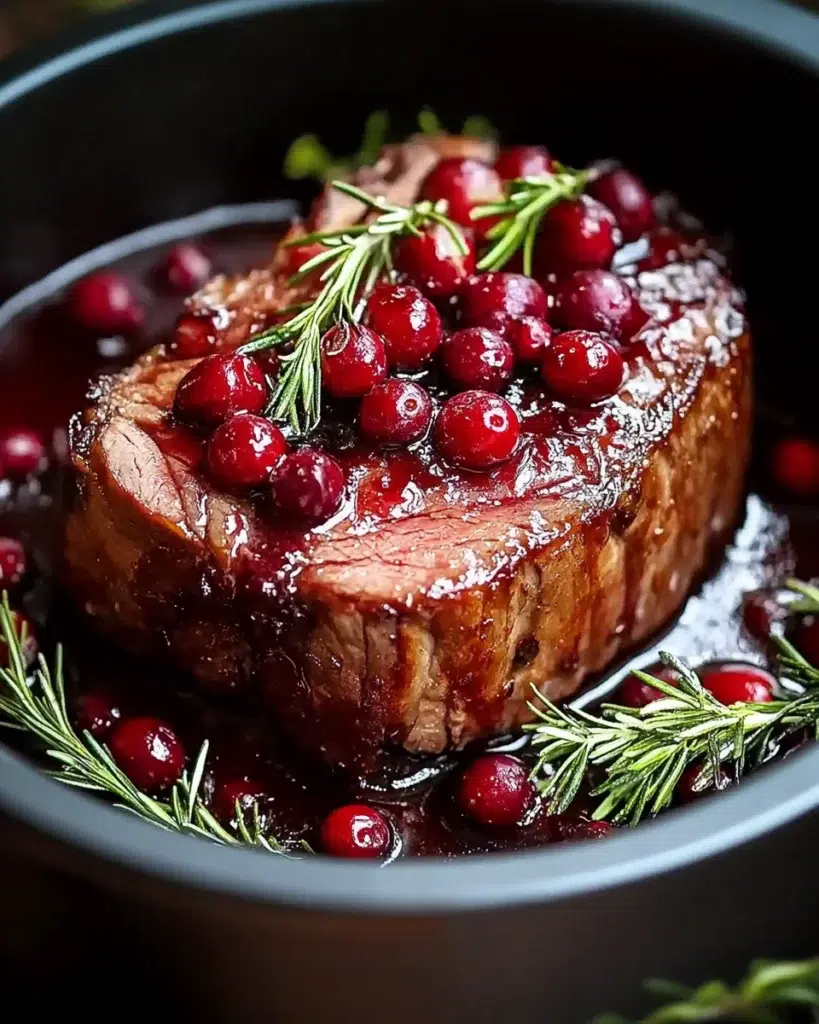 Cranberry glazed beef roast with rosemary and roasted root vegetables on a wooden board