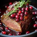 Cranberry Glazed Beef Roast – Juicy & Festive Recipe 8 Cranberry glazed beef roast with rosemary and roasted root vegetables on a wooden board