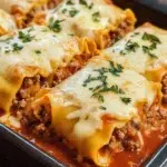 Cheesy Beef Lasagna Rolls – The Ultimate Comfort Food Recipe 8 Cheesy beef lasagna rolls topped with melted mozzarella and marinara sauce.