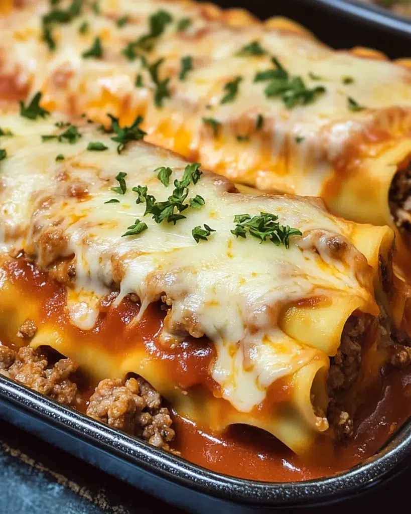 Cheesy beef lasagna rolls topped with melted mozzarella and marinara sauce.