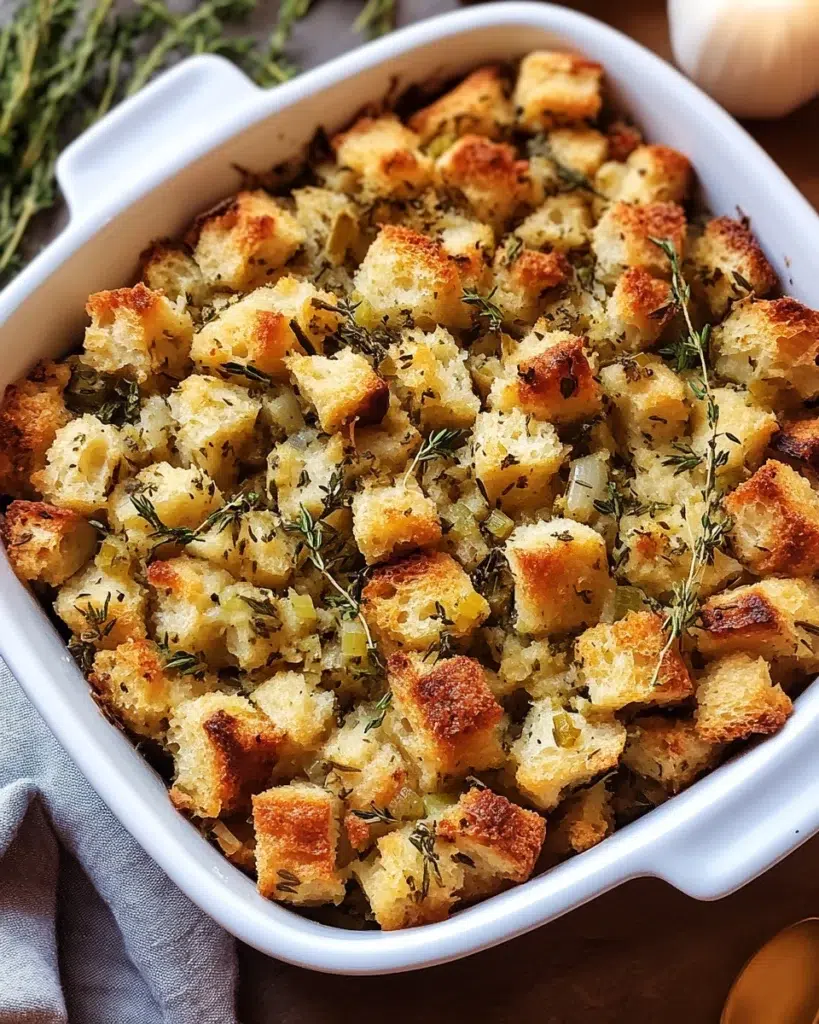 Rustic buttered herb stuffing baked golden with sourdough bread and fresh herbs in a white casserole dish.