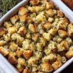 Rustic Buttered Herb Stuffing – A Comfort Classic Reimagined 6 Rustic buttered herb stuffing baked golden with sourdough bread and fresh herbs in a white casserole dish.