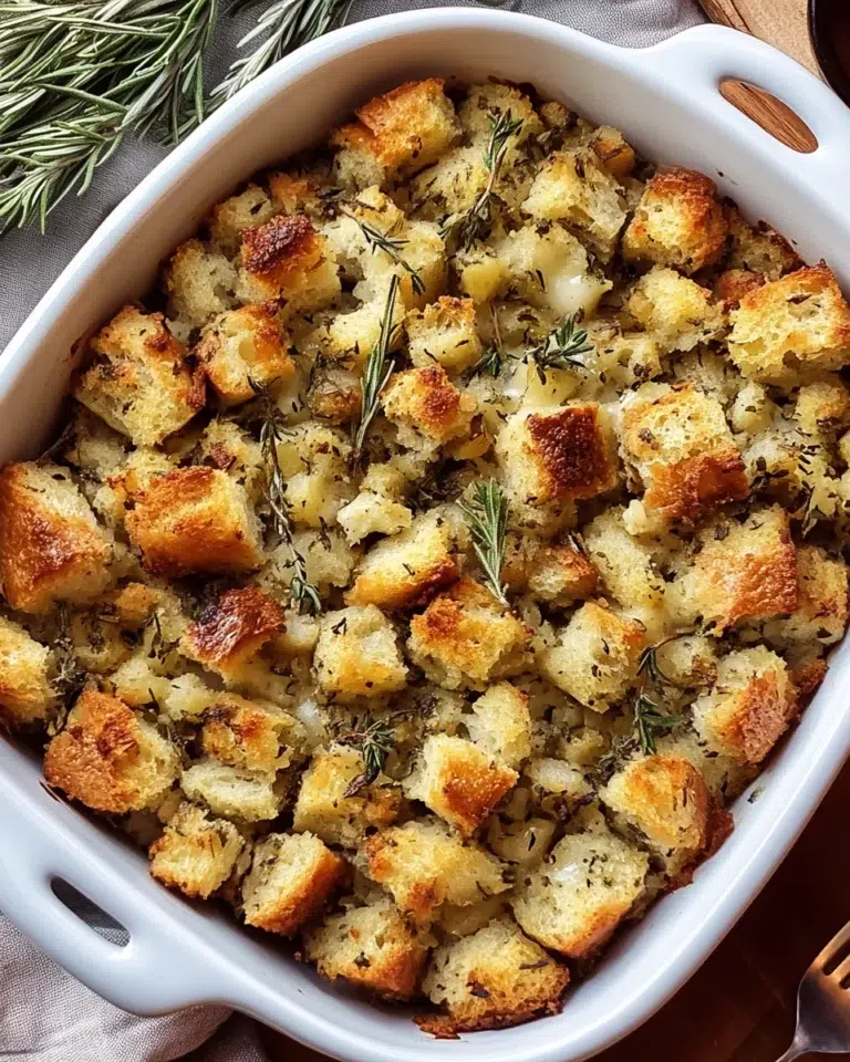 Rustic buttered herb stuffing baked golden with sourdough bread and fresh herbs in a white casserole dish.