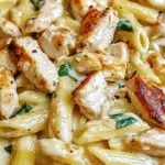 Tuscan Chicken Alfredo Pasta – Creamy & Flavorful Recipe 8 Tuscan Chicken Alfredo Pasta with creamy garlic sauce and sun-dried tomatoes served in a white bowl