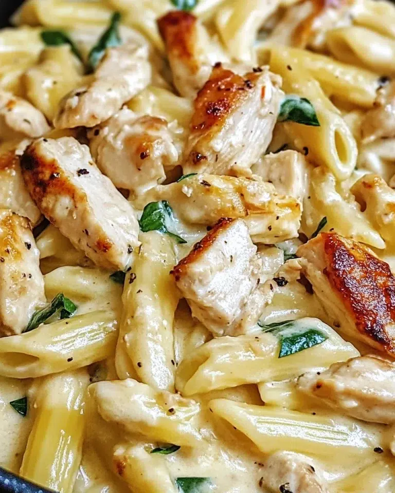 Tuscan Chicken Alfredo Pasta with creamy garlic sauce and sun-dried tomatoes served in a white bowl