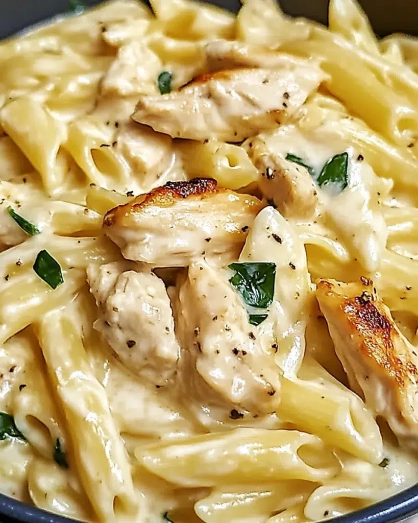 Tuscan Chicken Alfredo Pasta with creamy garlic sauce and sun-dried tomatoes served in a white bowl
