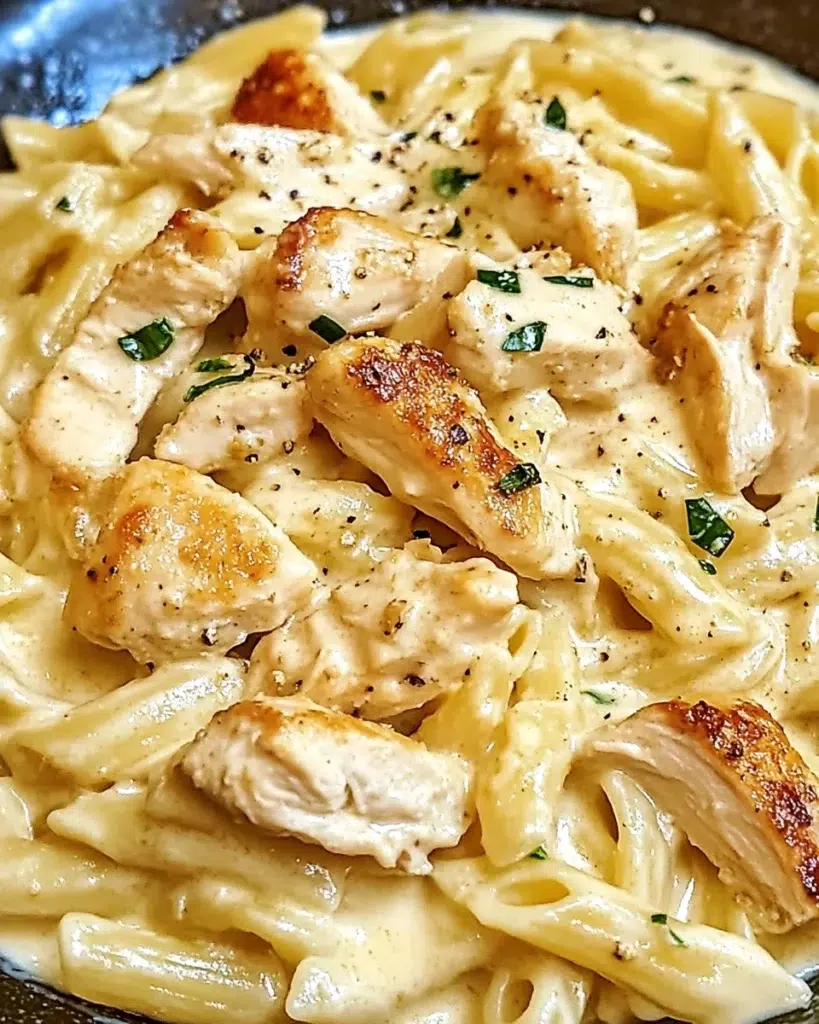 Tuscan Chicken Alfredo Pasta with creamy garlic sauce and sun-dried tomatoes served in a white bowl