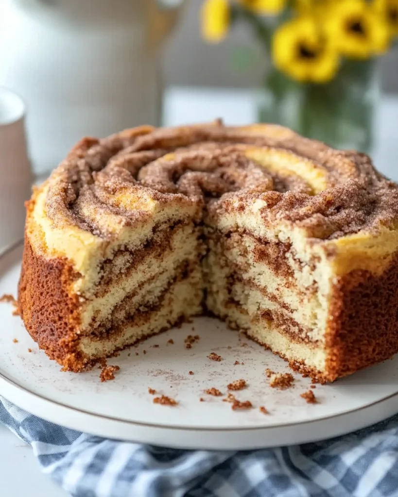 Cinnamon Swirl Coffee Cake with buttery streusel topping on a rustic wooden table