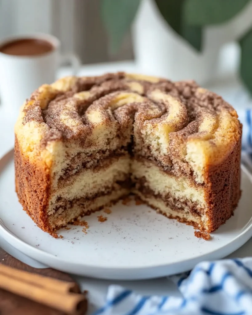 Cinnamon Swirl Coffee Cake with buttery streusel topping on a rustic wooden table