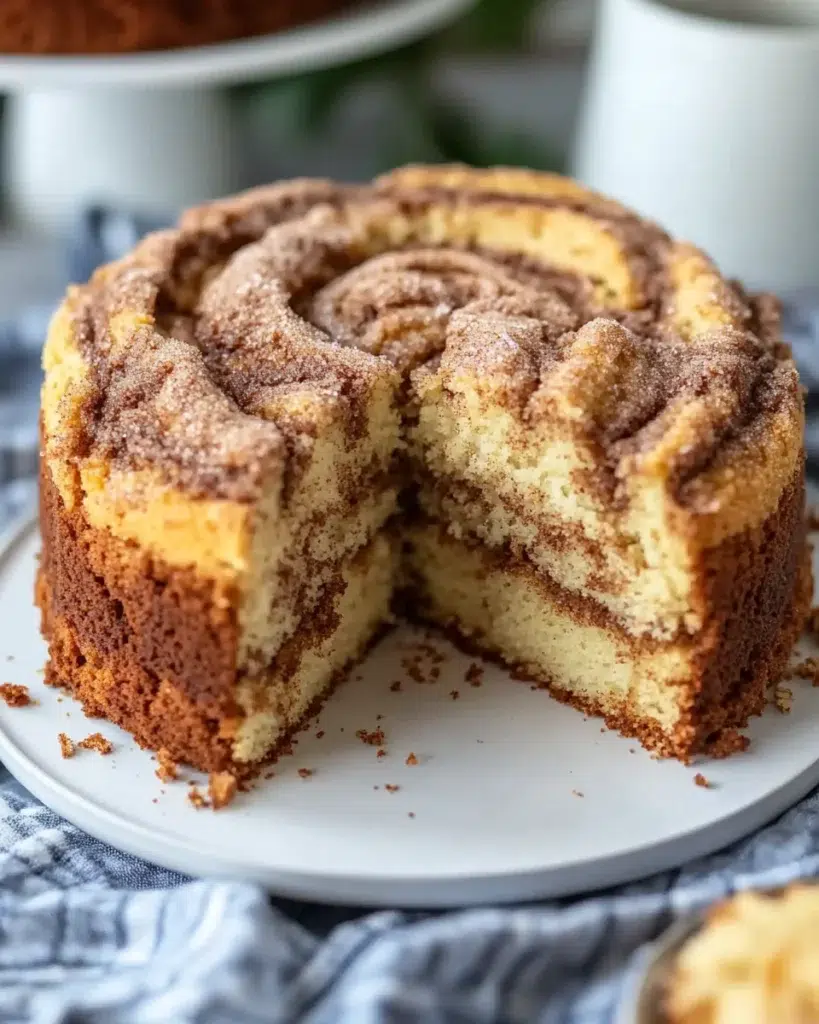Cinnamon Swirl Coffee Cake with buttery streusel topping on a rustic wooden table