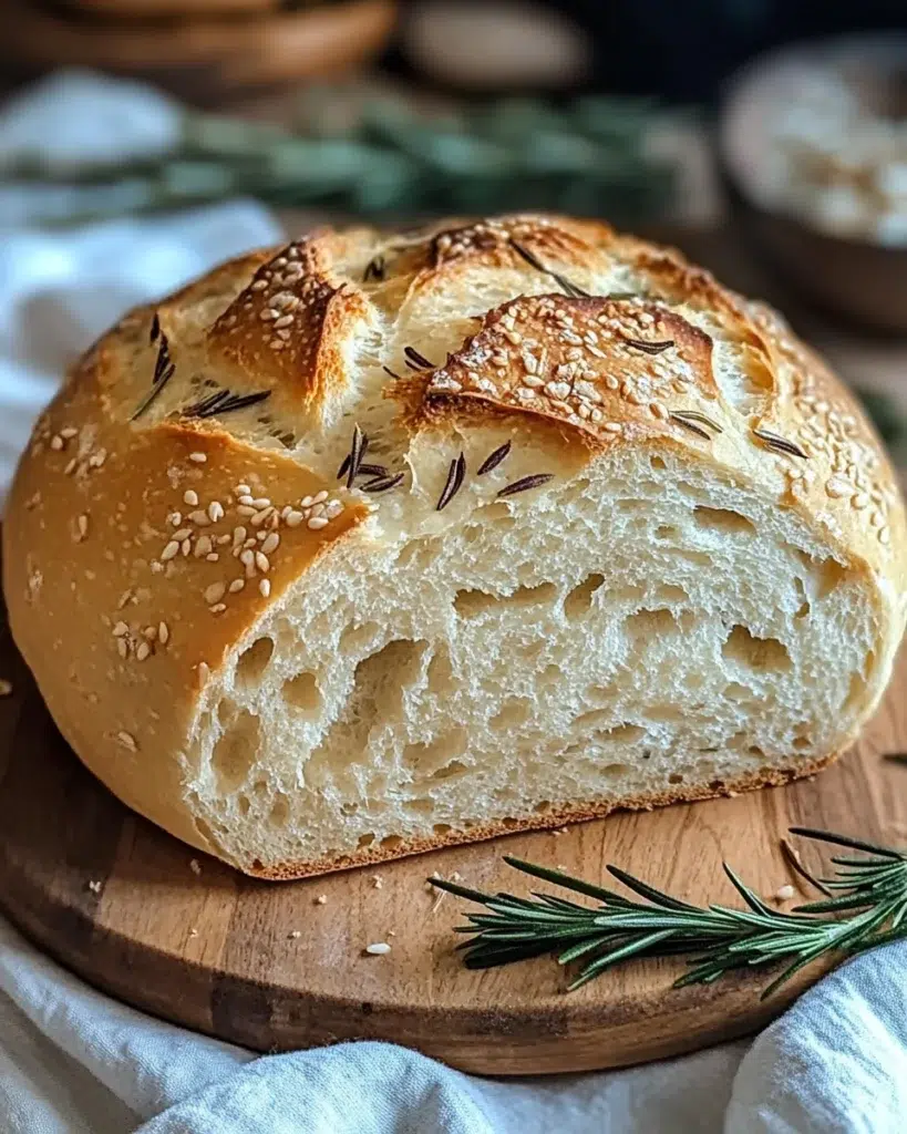 Homemade garlic rosemary no-knead bread with golden crust.