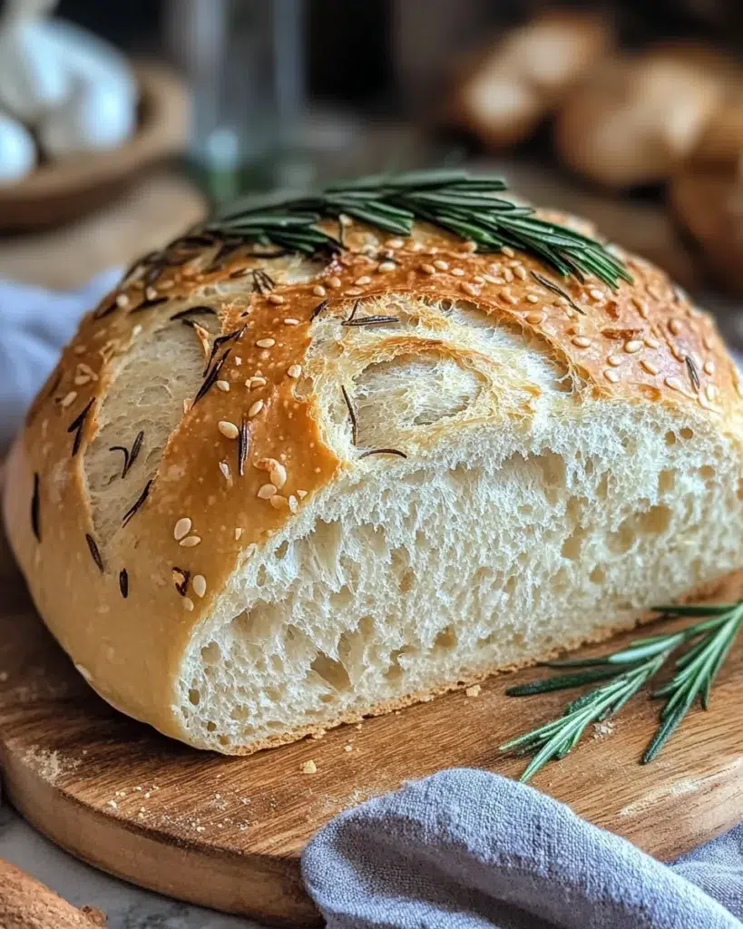 Homemade garlic rosemary no-knead bread with golden crust.