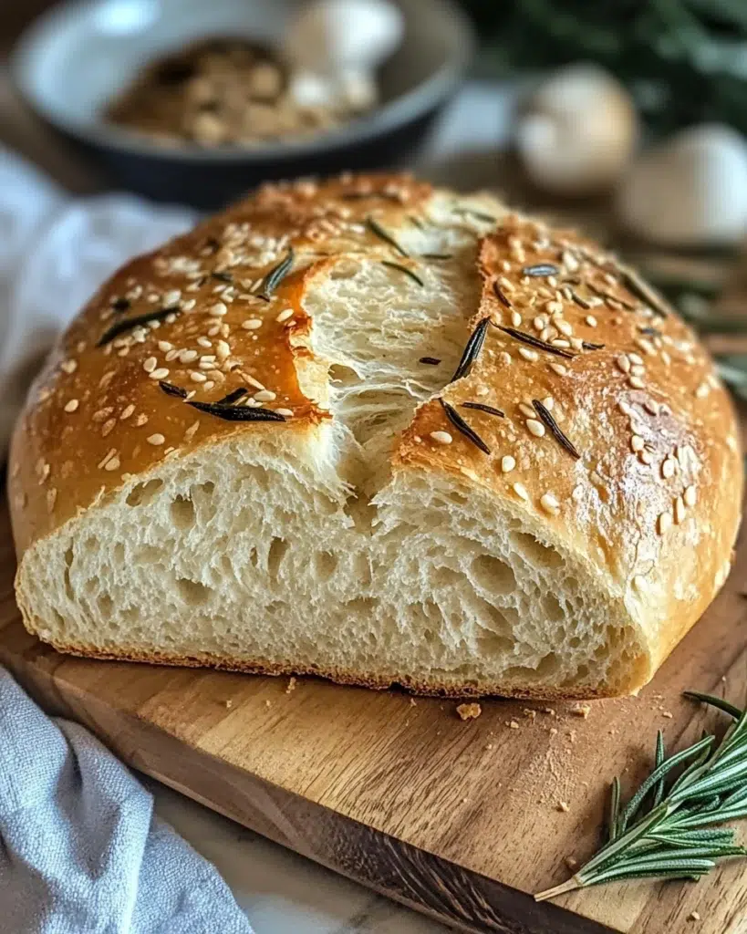 Homemade garlic rosemary no-knead bread with golden crust.