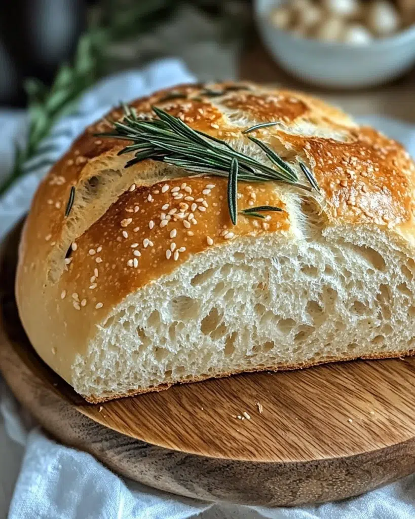 Homemade garlic rosemary no-knead bread with golden crust.