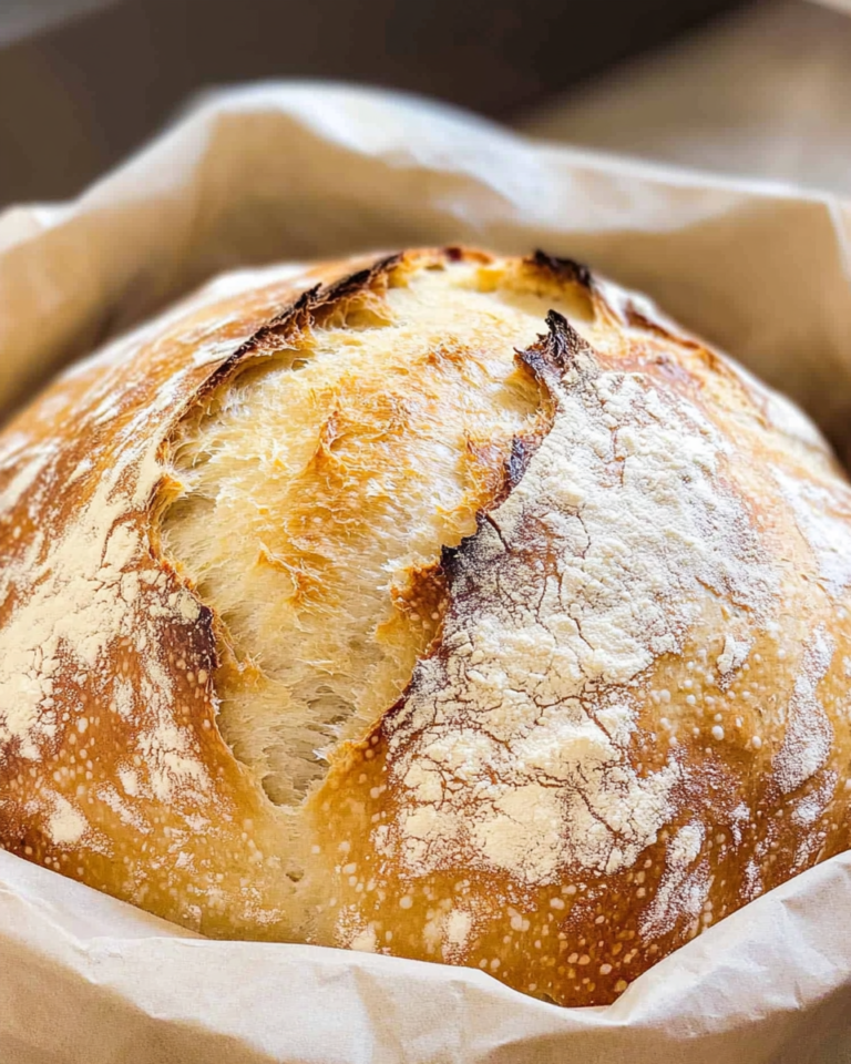 Freshly baked bakery-style sourdough bread loaf with golden crust on wooden board