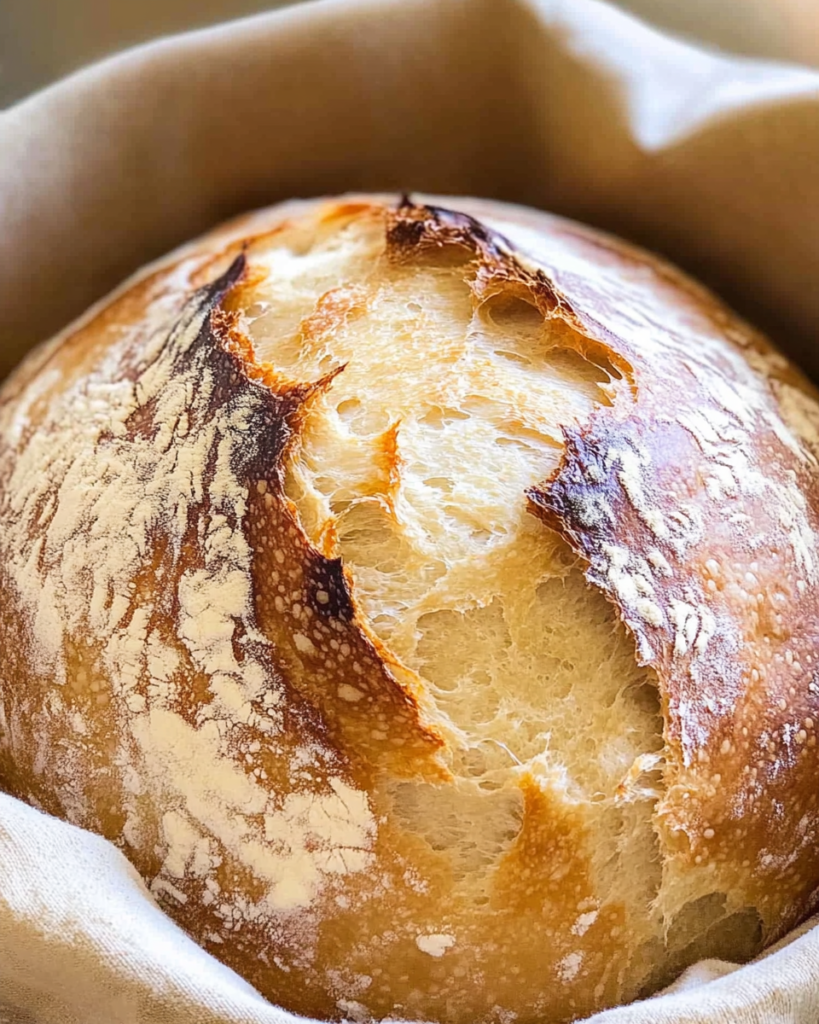 Freshly baked bakery-style sourdough bread loaf with golden crust on wooden board