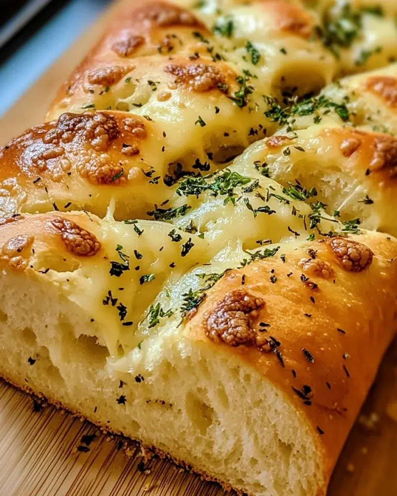Golden Italian herb and cheese bread loaf with melted mozzarella and herbs.