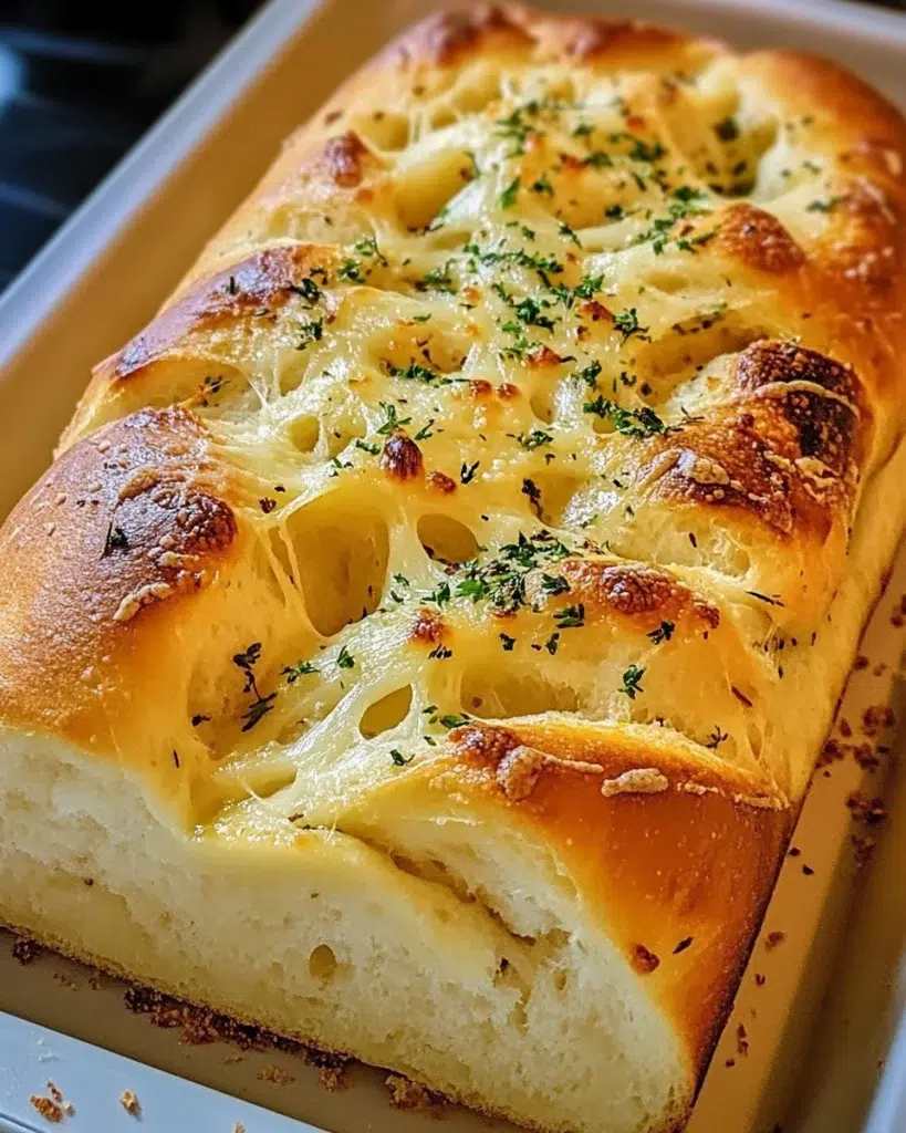 Golden Italian herb and cheese bread loaf with melted mozzarella and herbs.