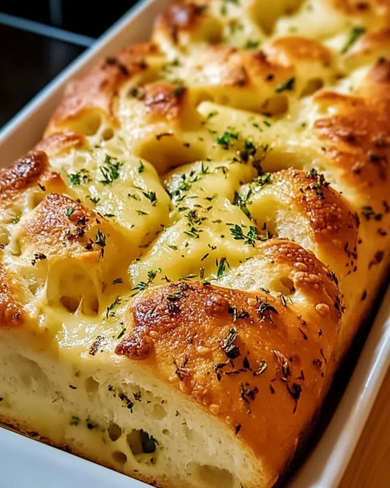 Golden Italian herb and cheese bread loaf with melted mozzarella and herbs.