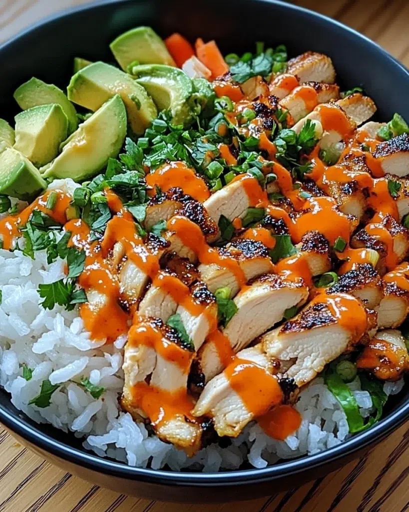 Bang Bang Chicken Bowl with tender chicken, crisp cabbage, cucumber, avocado, and creamy sauce in a white ceramic bowl.