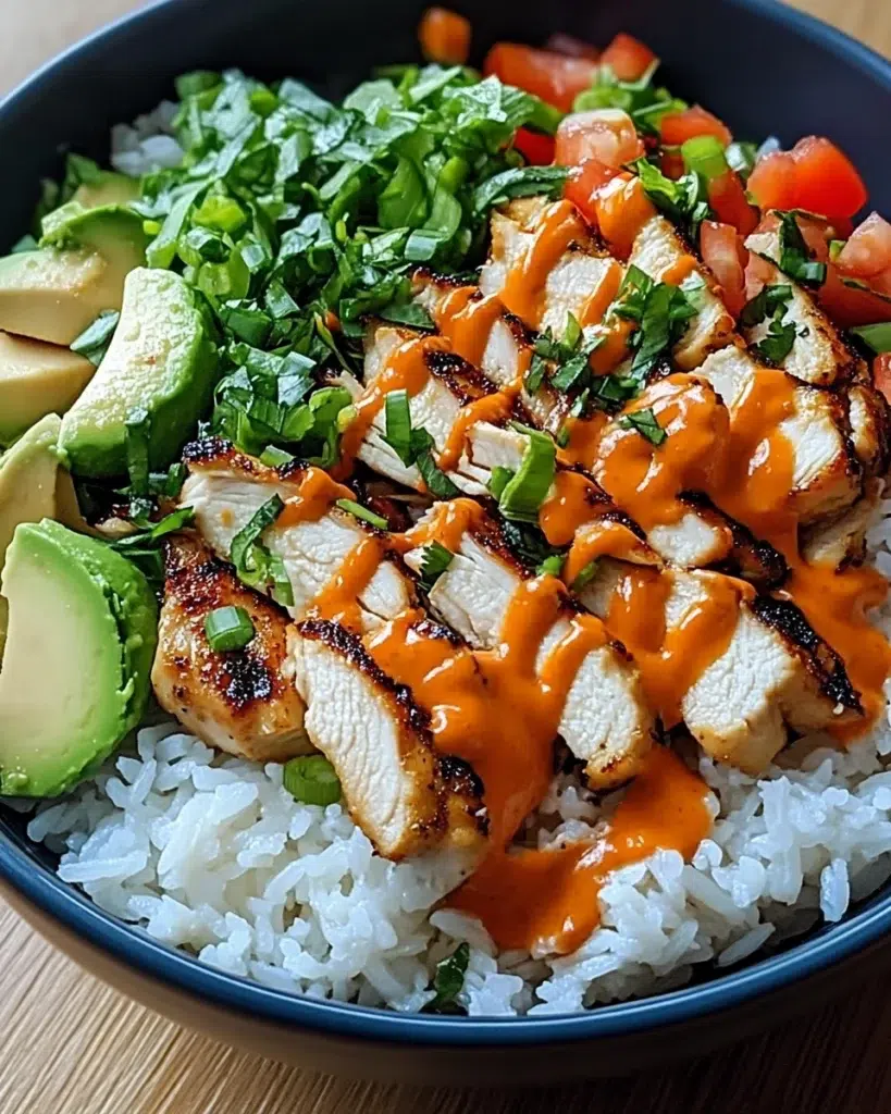 Bang Bang Chicken Bowl with tender chicken, crisp cabbage, cucumber, avocado, and creamy sauce in a white ceramic bowl.