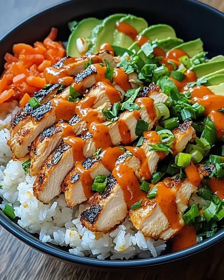Bang Bang Chicken Bowl with tender chicken, crisp cabbage, cucumber, avocado, and creamy sauce in a white ceramic bowl.