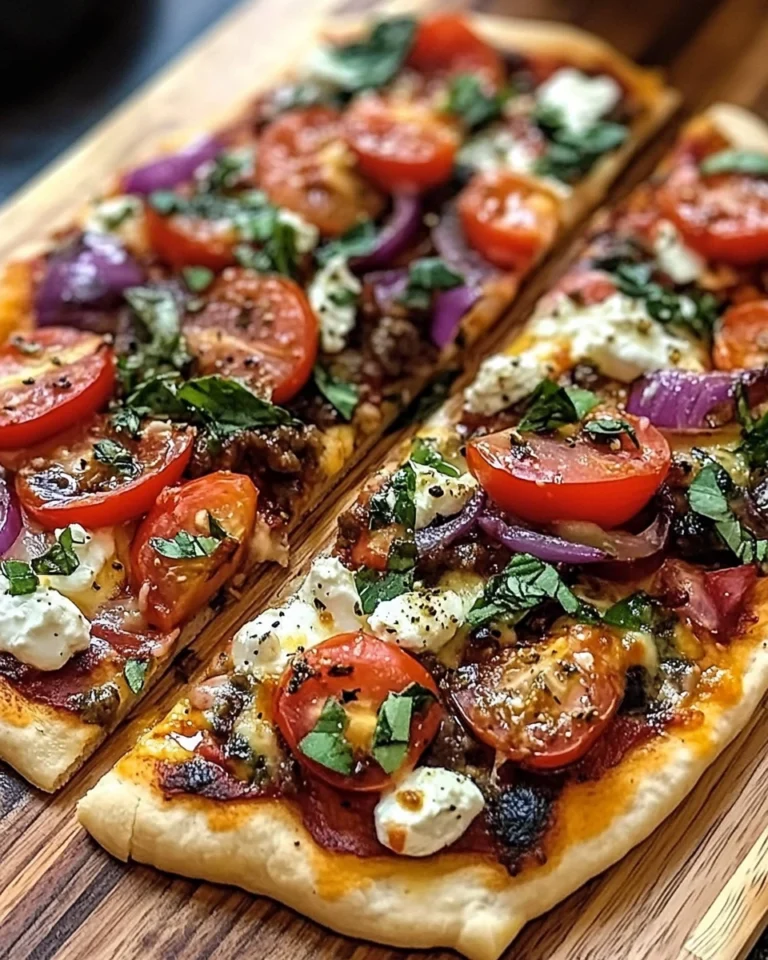 Mediterranean flatbread pizza topped with feta, olives, and tomatoes on a wooden board